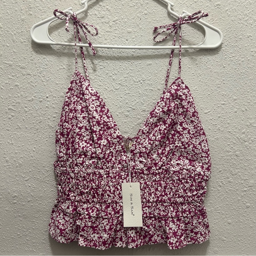 Sim & Sam Cropped Smocked Ruffle Tank Top in Sizzling Magenta NWT XL